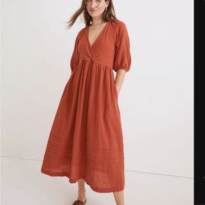 Madewell Marianna Puff-Sleeve Midi Dress small orange red